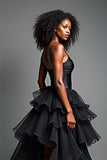 Black A Line Long Spaghetti  Straps Formal Dress with Ruffles