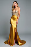 Golden Appliques Beads Strapless Sheath Formal Dress with Slit