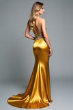 Golden Appliques Beads Strapless Sheath Formal Dress with Slit