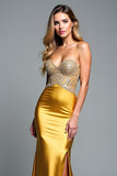 Golden Appliques Beads Strapless Sheath Formal Dress with Slit