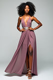 Grey Purple Halter Sheath Long Formal Dress with Slit