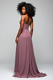 Grey Purple Halter Sheath Long Formal Dress with Slit