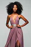 Grey Purple Halter Sheath Long Formal Dress with Slit