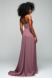 Grey Purple Halter Sheath Long Formal Dress with Slit