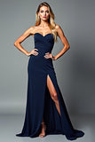 Navy Sheath Strapless Long Formal Dress with Slit