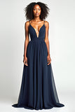 A Line Navy Spaghetti Straps Long Wedding Guest Dress