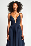 A Line Navy Spaghetti Straps Long Wedding Guest Dress