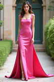 Fuchsia Spaghetti Straps Sheath Formal Dress with Slit