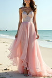 Blush Spaghetti Straps Tulle Long Wedding Guest Dress with Ruffles