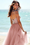 Blush Spaghetti Straps Tulle Long Wedding Guest Dress with Ruffles