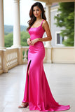 Fuchsia Square Neck Mermaid Long Prom Dress with Slit