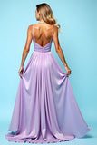 Lilac A-Line Open Back Spaghetti Straps Ruched Long Bridesmaid Dress with Slit