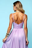 Lilac A-Line Open Back Spaghetti Straps Ruched Long Bridesmaid Dress with Slit