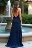 Navy Open Back Spaghetti Straps Long Wedding Guest Dress with Slit