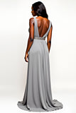 Grey Open Back V-Neck Long Wedding Guest Dress