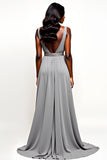 Grey Open Back V-Neck Long Wedding Guest Dress