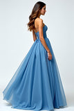 Grey Blue Chiffon Long Sweetheart A Line Prom Dress with Slit