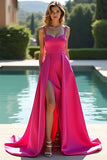 Fuchsia A Line Spaghetti Straps Satin Long Prom Dress with Slit