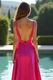 Fuchsia A Line Spaghetti Straps Satin Long Prom Dress with Slit