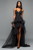 A Line Spaghetti Straps Ruffled Black Tie Dress With Slit