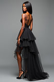 A Line Spaghetti Straps Ruffled Black Tie Dress With Slit