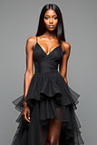 A Line Spaghetti Straps Ruffled Black Tie Dress With Slit