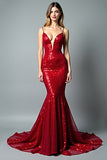 Mermaid Sparkly Red Spaghetti Straps Long Prom Dress