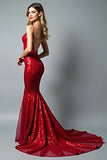 Mermaid Sparkly Red Spaghetti Straps Long Prom Dress