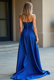 Royal Blue Satin Strapless A-Line Cut Out Long Wedding Guest Dress