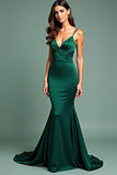 Dark Green Satin Spaghetti Straps Long Prom Dress