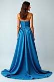 Blue Satin Strapless A-Line Ruched Long Wedding Guest Dress with Slit