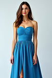 Blue Satin Strapless A-Line Ruched Long Wedding Guest Dress with Slit