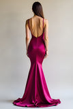 Fuchsia Mermaid Spaghetti Straps Long Satin Prom Dress