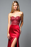 Sparkly Red Sweetheart Mermaid Long Satin Prom Dress with Slit