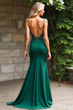 Dark Green Beaded Spaghetti Straps Mermaid Long Prom Dress