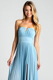 Blue Open Back Strapless A-Line Ruched Long Bridesmaid Dress with Slit