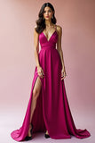 Fuchsia Backless Spaghetti Straps A Line Long Formal Dress with Slit