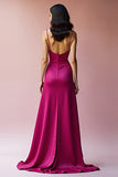 Fuchsia Backless Spaghetti Straps A Line Long Formal Dress with Slit