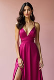 Fuchsia Backless Spaghetti Straps A Line Long Formal Dress with Slit