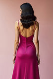 Fuchsia Backless Spaghetti Straps A Line Long Formal Dress with Slit