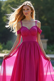 Fuchsia Cold Shoulder A Line Long Prom Dress