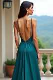 Peacock Green A Line Long Prom Dress with Slit