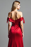 Red Off the Shoulder Satin Long Prom Dress with Slit