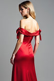 Red Off the Shoulder Satin Long Prom Dress with Slit