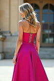 Fuchsia A Line Strapless Prom Dress with Slit