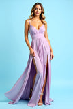 Lilac Open Back Ruched Spaghetti Strapless Long Bridesmaid Dress with Slit