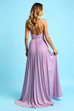 Lilac Open Back Ruched Spaghetti Strapless Long Bridesmaid Dress with Slit