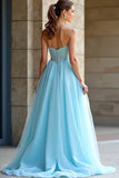 Light Blue Beaded Strapless A Line Long Prom Dress with Slit