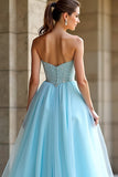 Light Blue Beaded Strapless A Line Long Prom Dress with Slit