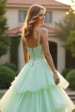 Green Princess Tiered Beaded Long Formal Dress